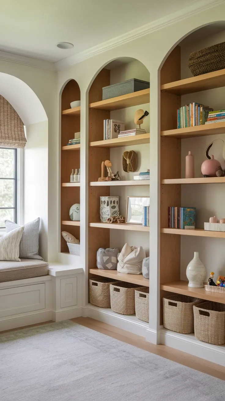 A light and airy playroom boasts built-in wooden shelving, a comfy window seat, and ample storage for toys and books.