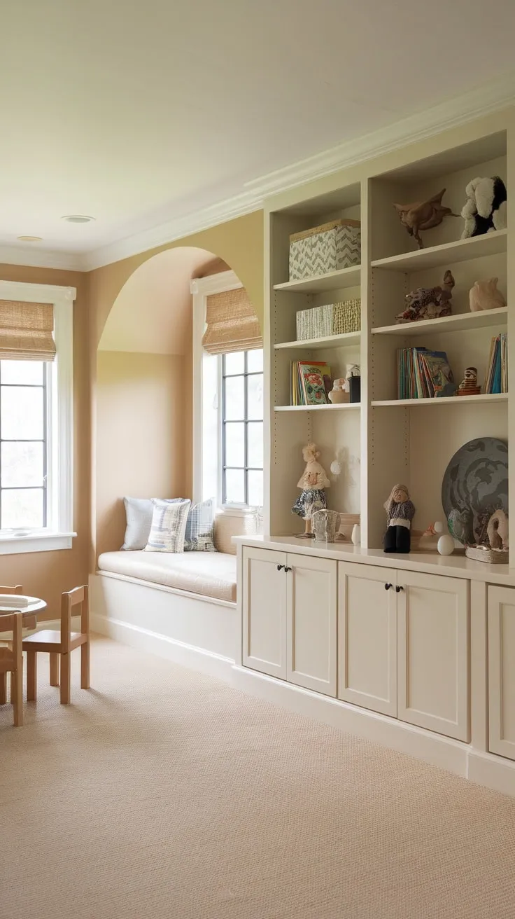 Maximize your playroom's space and organization with custom built-in storage featuring open shelving and cabinets for toys and décor
