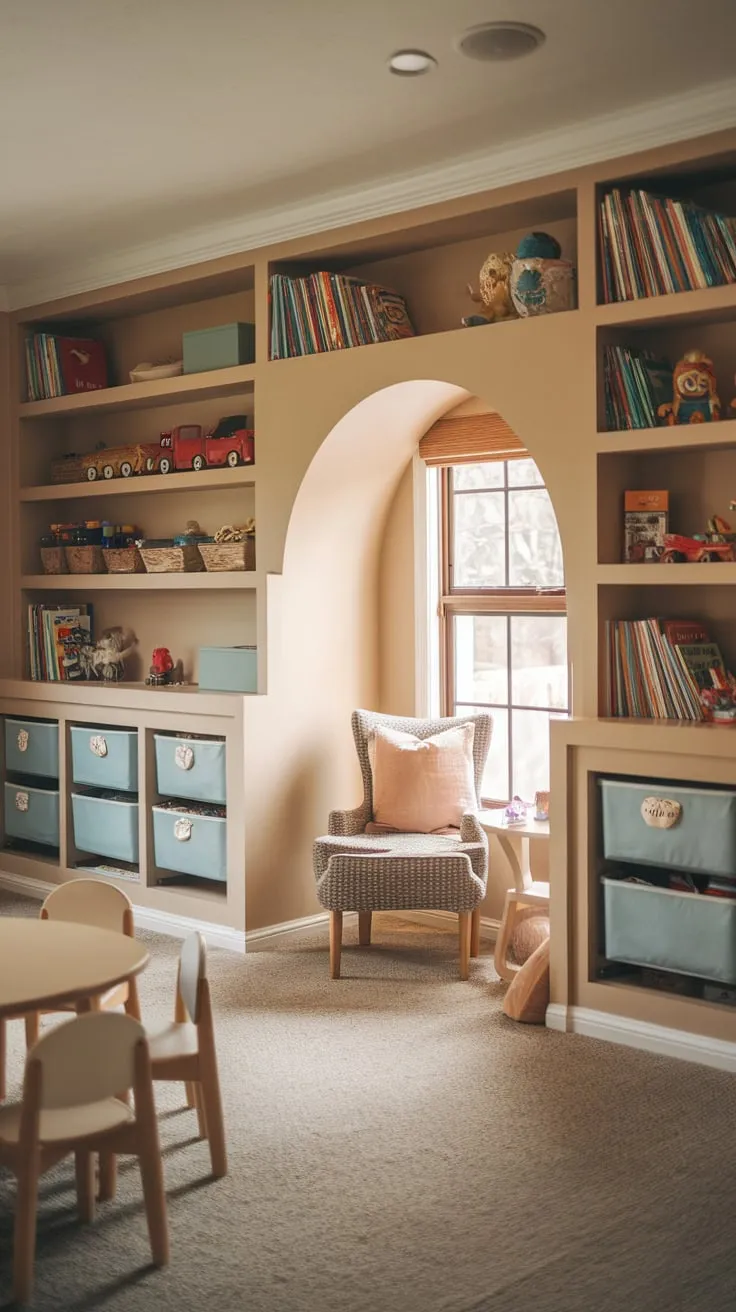 Built-in storage transforms this playroom into a functional and inviting space for kids to learn and play.