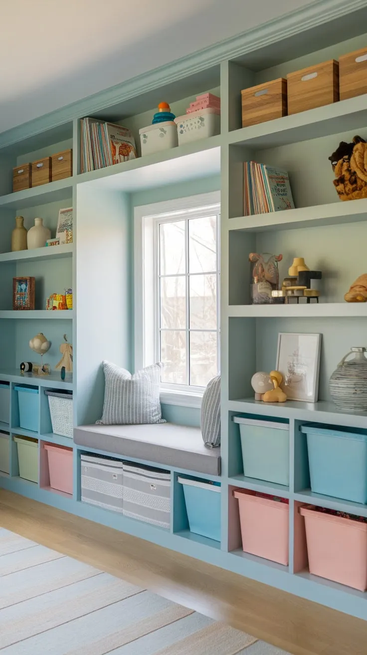A soft blue playroom boasts built-in storage, a window seat nook, and colorful bins overflowing with toys and books