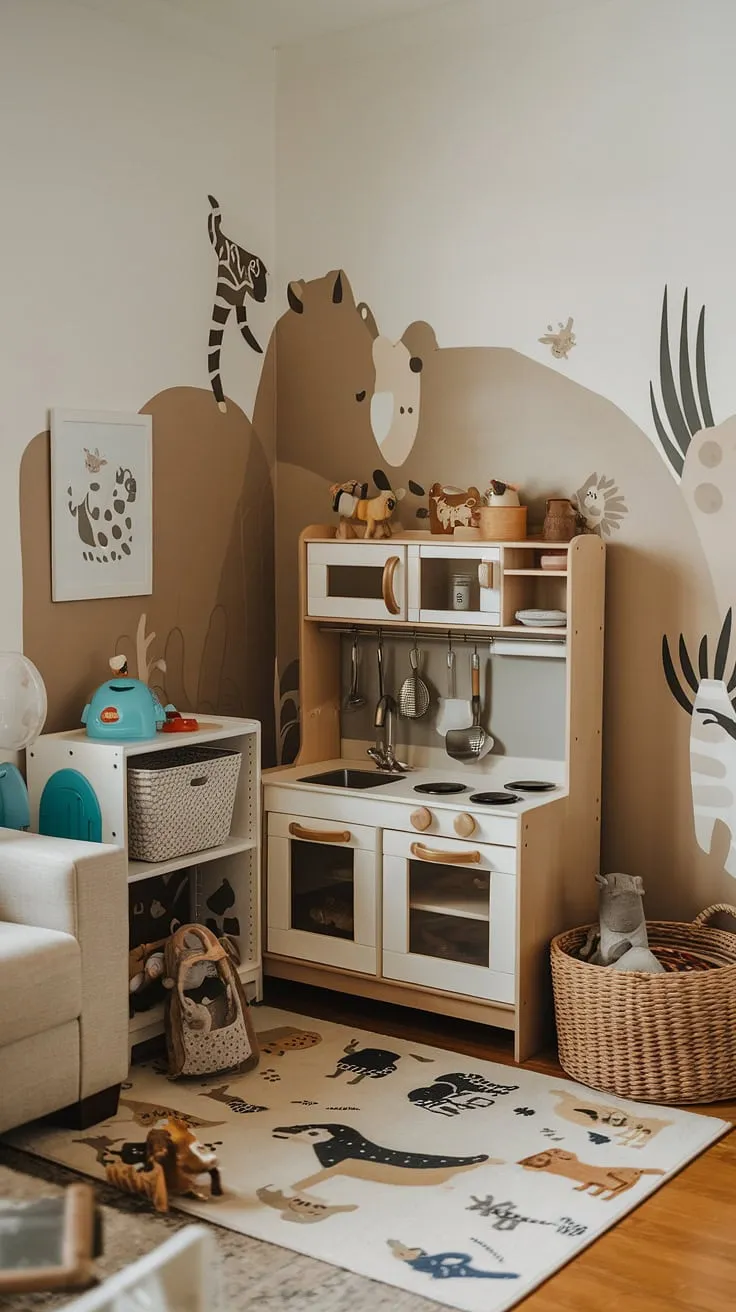 Transforming a tiny corner of the living room into a whimsical animal kingdom! This creative playroom setup, brimming with playroom ideas, showcases how even the smallest space can become a haven for imaginative play.  The organization playroom ensures a kid-friendly living room where baby play areas are both functional and fun, proving that playroom themes don't need a lot of space to thrive.