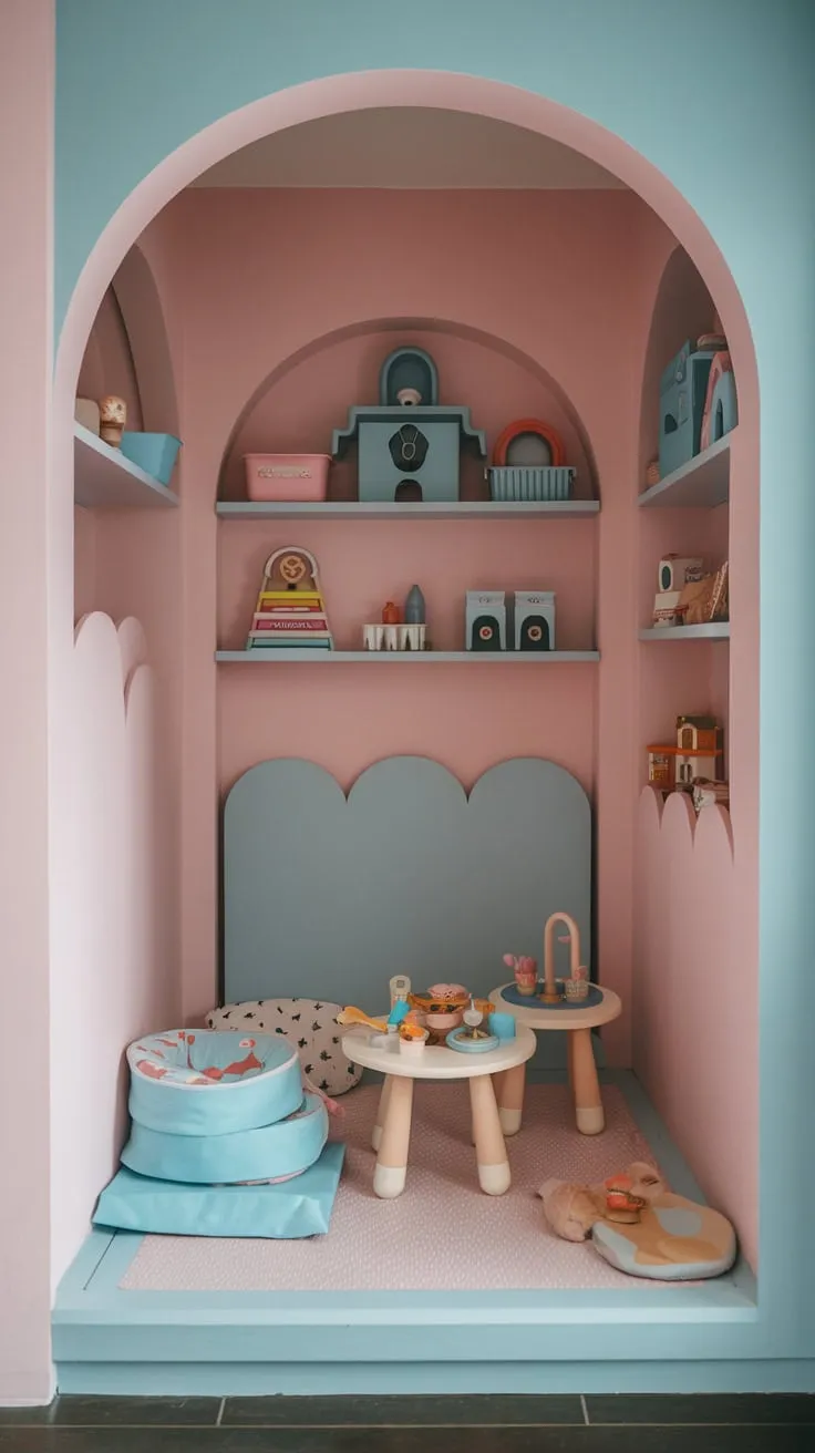 A charming, organized living room corner transforms into a functional and aesthetically pleasing play area for children, featuring a baby zone and playful pink and blue accents.