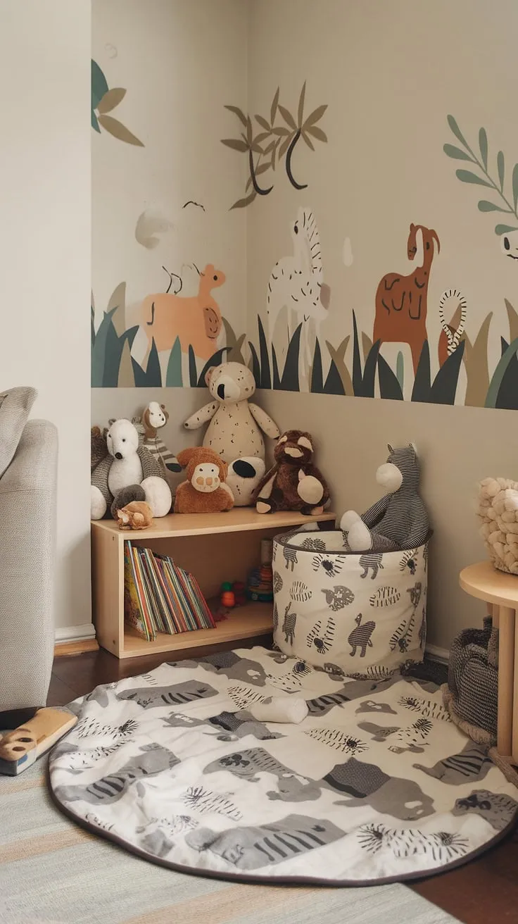 A whimsical playroom corner in the living room, proving that even a tiny playroom can be a world of fun!  Animal-themed playroom ideas abound in this creative playroom setup, showcasing clever organization playroom techniques and transforming a small space into a delightful baby play area.  The result? A kid-friendly living room that's both stylish and practical, with playful playroom themes brought to life.