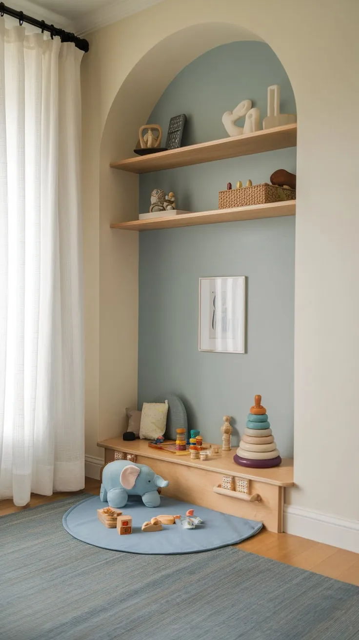 A light blue-walled living room corner features a child's play area complete with a rug, shelf, and a few beloved toys