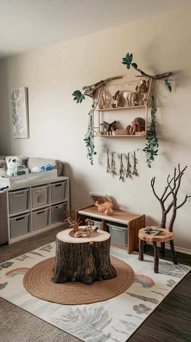 A charming living room corner transforms into a nature-themed playroom complete with a tree stump table, branch chair, and organized storage, seamlessly blending child's play with adult living space