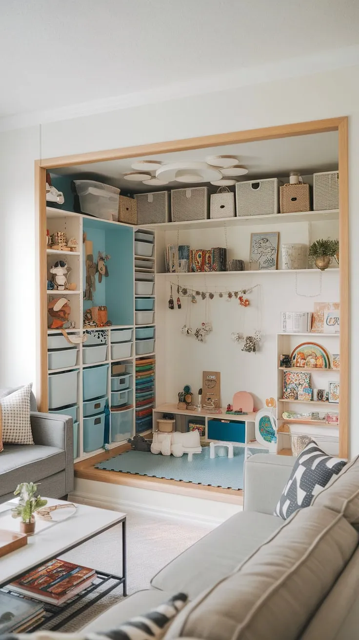 This tiny playroom, nestled in a living room corner, proves that big fun doesn't require big space.  The playroom setup is a masterclass in organization playroom design, showcasing playful playroom themes and clever storage solutions.  Perfect playroom ideas for a kid-friendly living room, this space seamlessly blends functionality with charm, creating delightful baby play areas without sacrificing adult comfort.