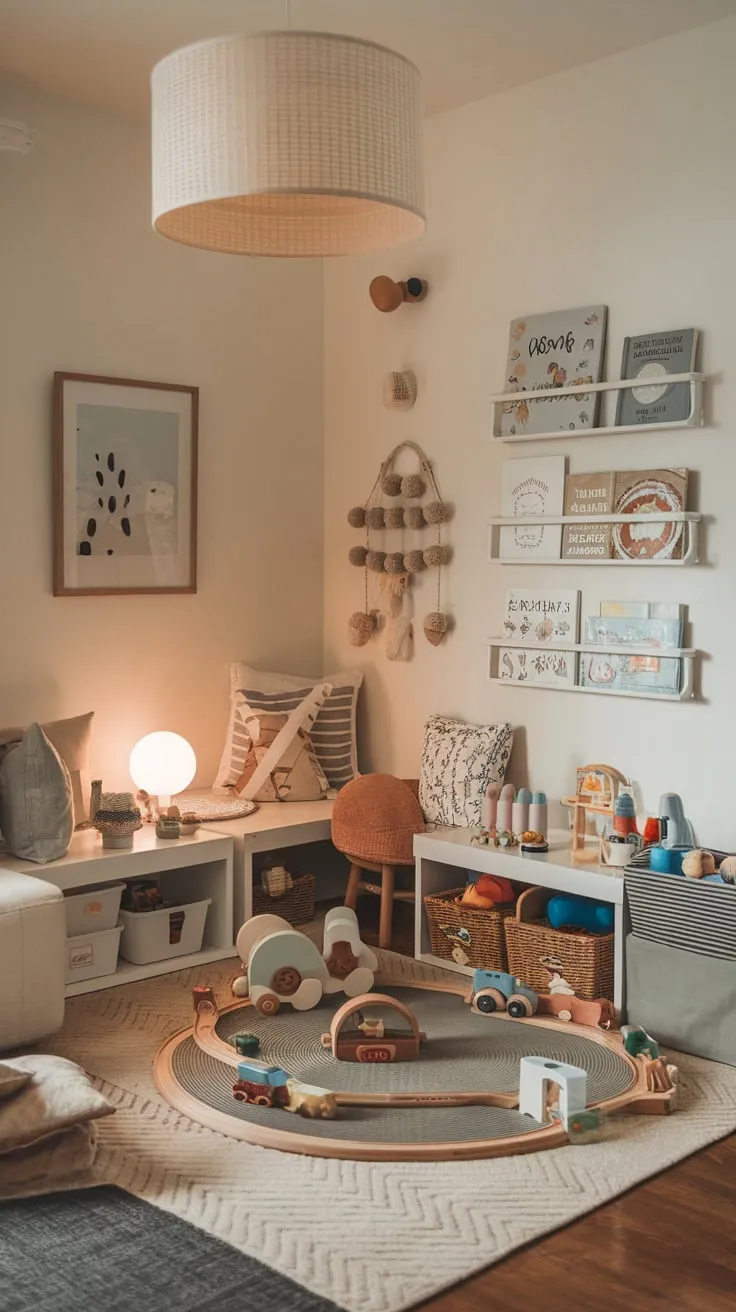 A warm, inviting living room features a dedicated playroom corner, thoughtfully organized with toys, books, and a miniature train set, creating a child-friendly space.