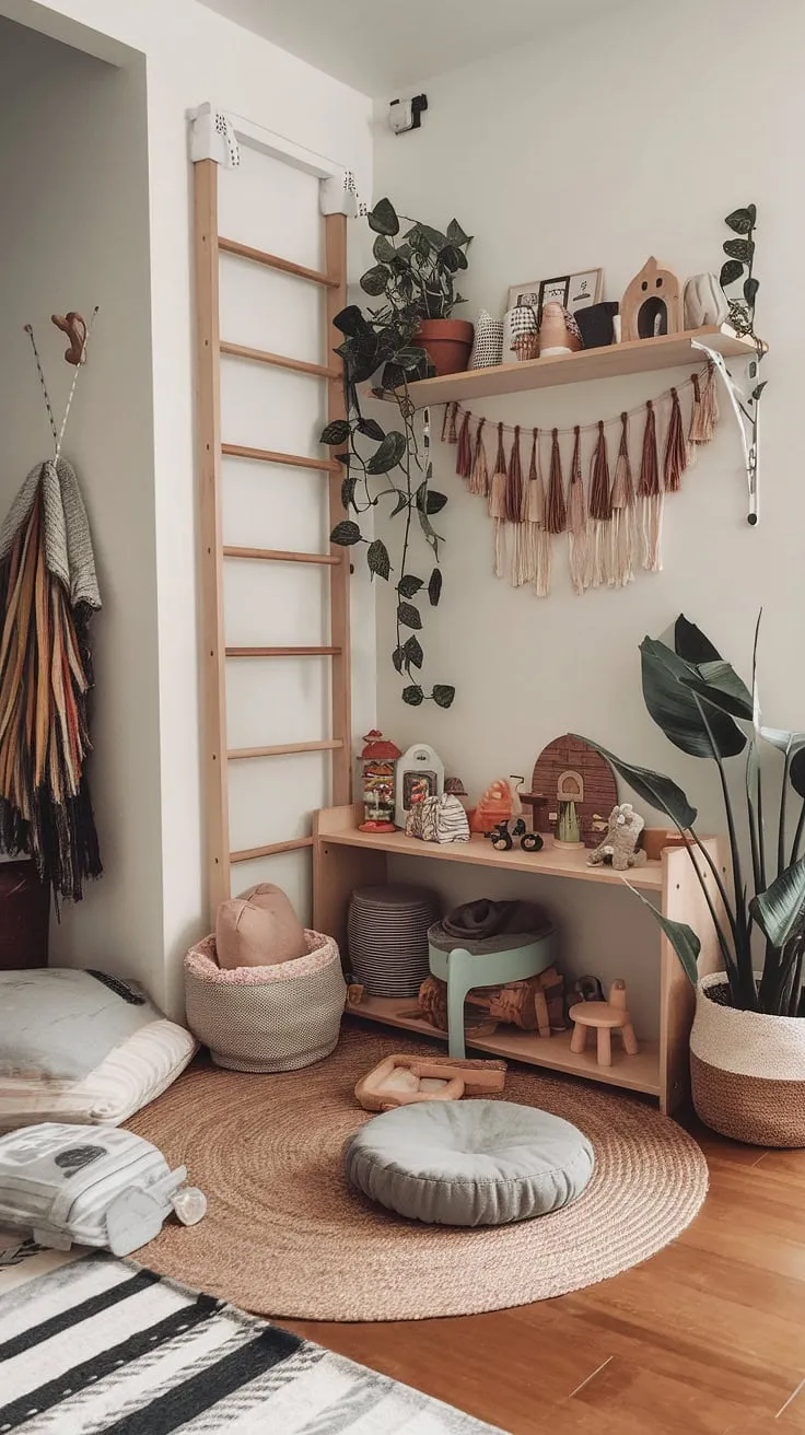 Transforming a living room corner into a tiny playroom doesn't require a major overhaul. This playroom setup showcases how simple shelving, a cozy rug, and a few cushions can create a dedicated space for play.  The playroom themes are subtle yet effective, demonstrating that organization playroom doesn't have to mean sacrificing style.  It's the perfect example of creative playroom design for a kid-friendly living room, offering versatile baby play areas within a stylish home.