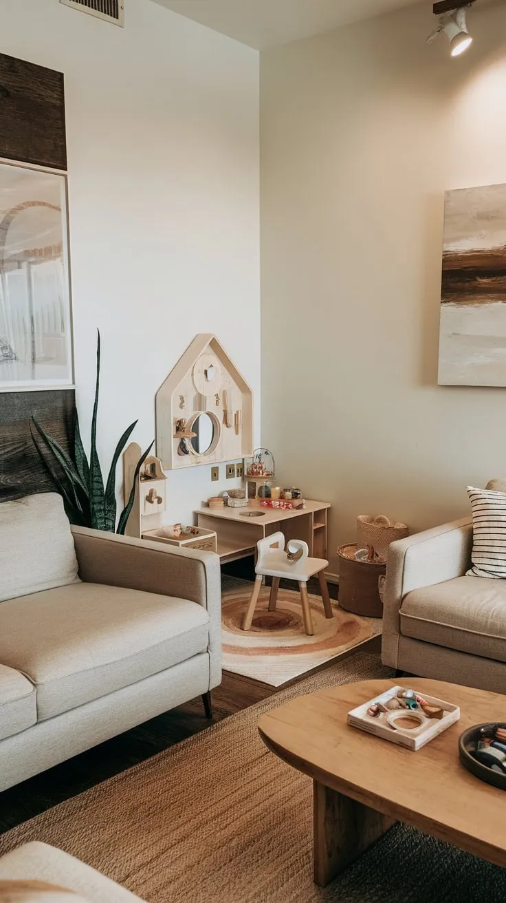 A cheerful playroom nook nestled in a sunlit living room offers a small space for play amidst a beige sofa, wooden coffee table, and artwork.