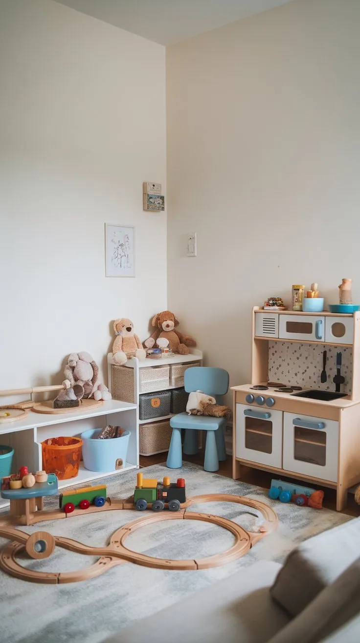 A dedicated playroom corner nestled in the living room offers a fun space for kids complete with toys and a soft rug.