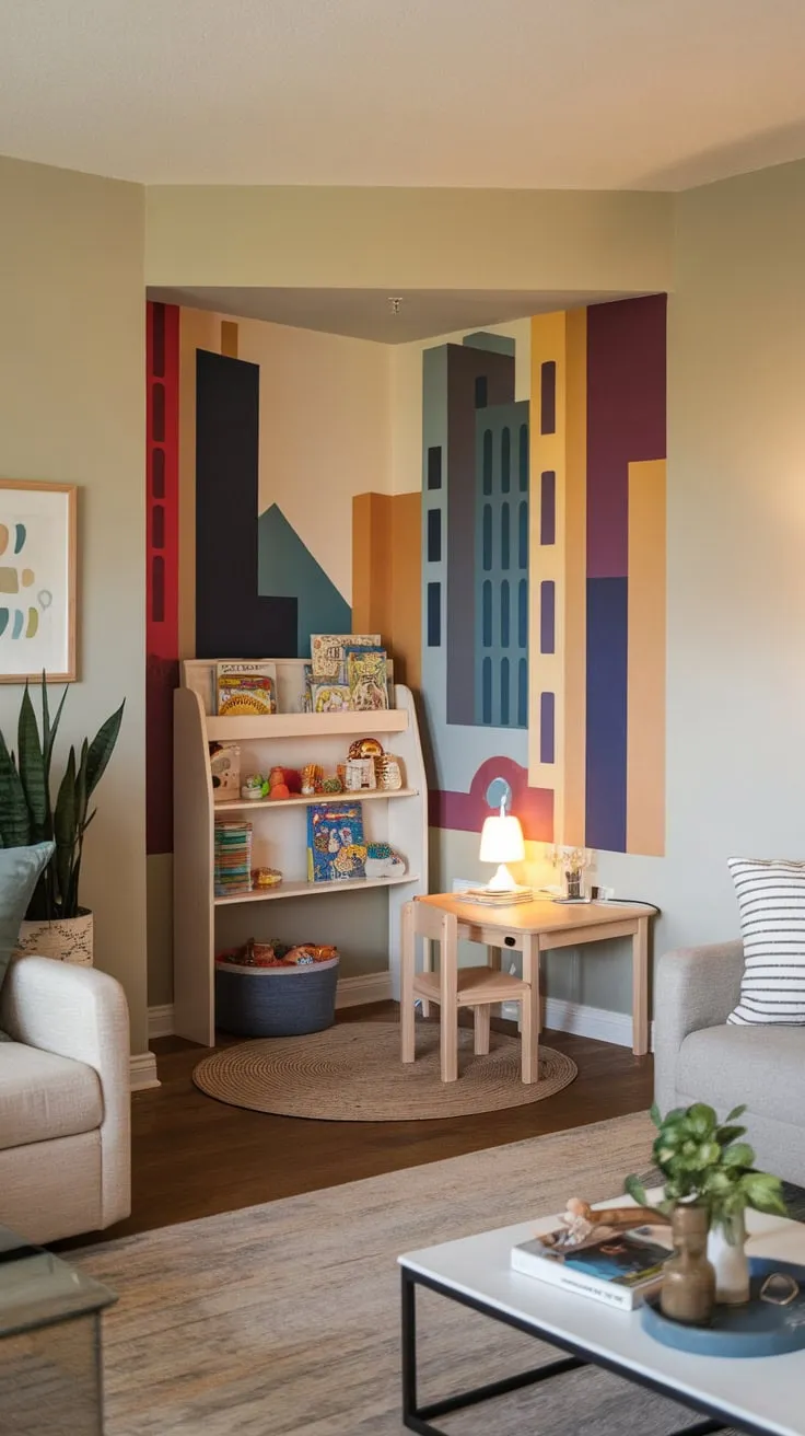A cozy living room seamlessly integrates a vibrant child's play corner featuring a cityscape mural, comfy rug, and miniature furniture.