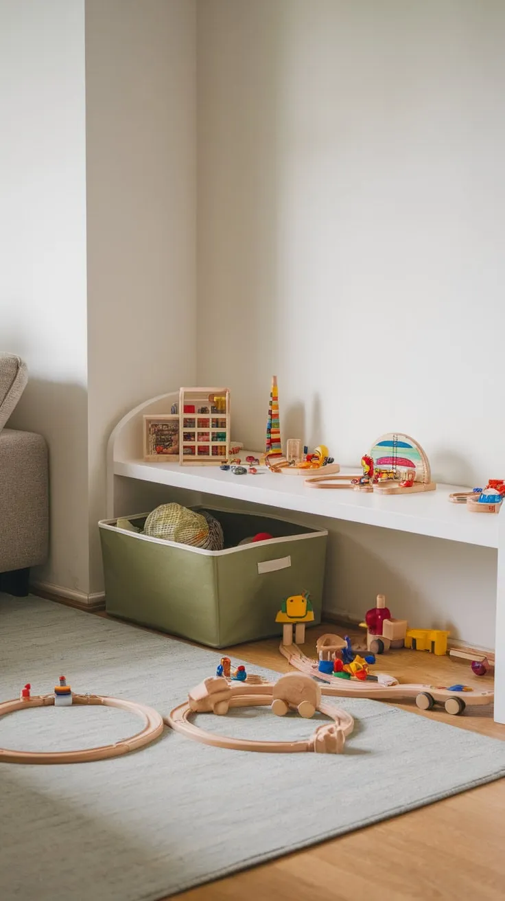A thoughtfully organized living room play area features a white shelf, toy storage, and a soft rug for kids' fun and safety.