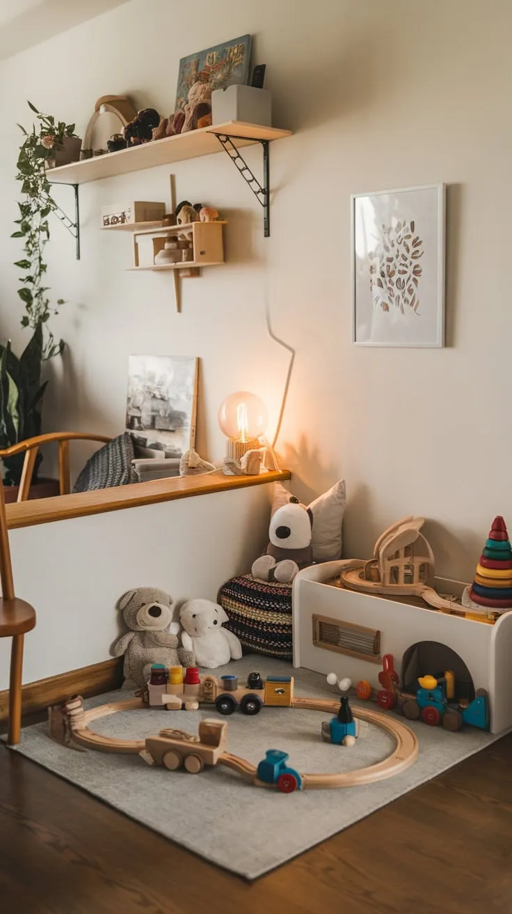 A cozy living room corner transforms into a charming child's play haven with a wooden train set, plush toys, and books, creating a warm and inviting atmosphere