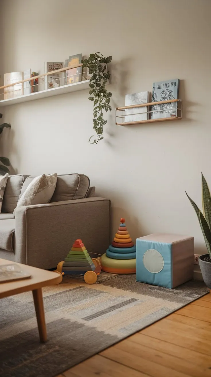 A thoughtfully designed living room features a charming playroom corner, blending child-friendly elements with adult comfort.