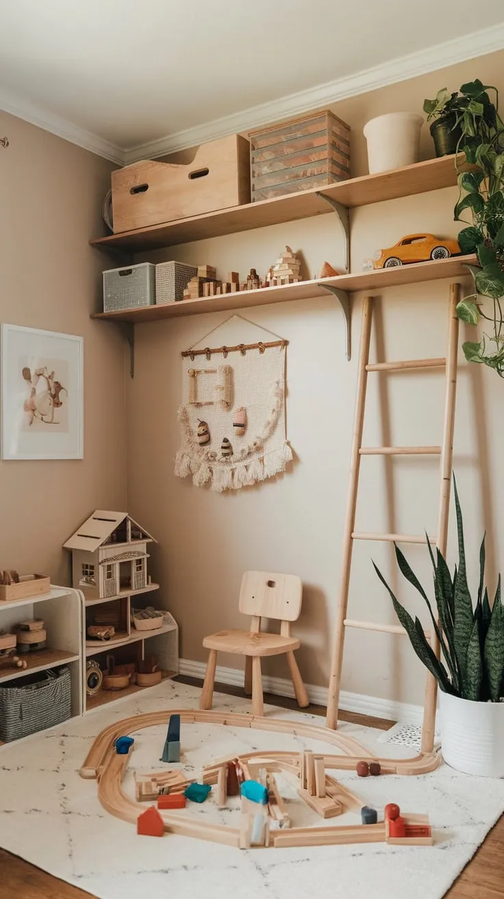 A rustic-themed playroom corner nestled in the living room features wooden shelves, toys, and a charming plant, creating a cozy and playful space.