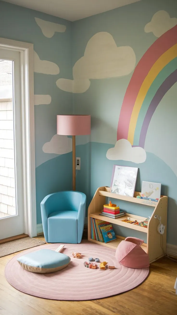 A tiny living room corner bursts with playful charm, featuring a miniature play space complete with a comfy chair, books, toys, and a rainbow mural.