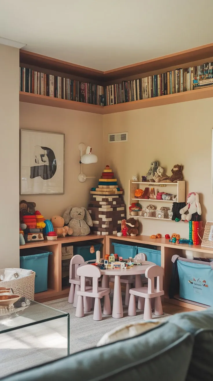 Transforming a corner into a haven of imagination! This tiny playroom, nestled within the living room, showcases clever playroom setup ideas and organization playroom strategies.  The bookshelf creates a perfect separation, making this kid-friendly living room both stylish and functional.  Explore diverse playroom themes and baby play areas within this creative playroom design.