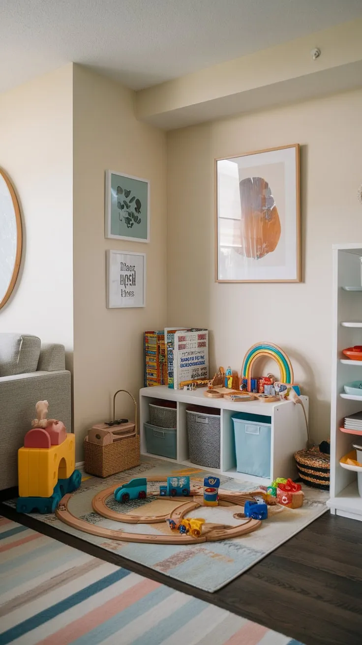 Transform a living room corner into a captivating playroom! This compact playroom setup showcases how a little creativity and organization can yield a functional and stimulating space for little ones.  Explore these playroom ideas and playroom themes to design your own kid-friendly living room, complete with designated baby play areas, even in the smallest of homes.