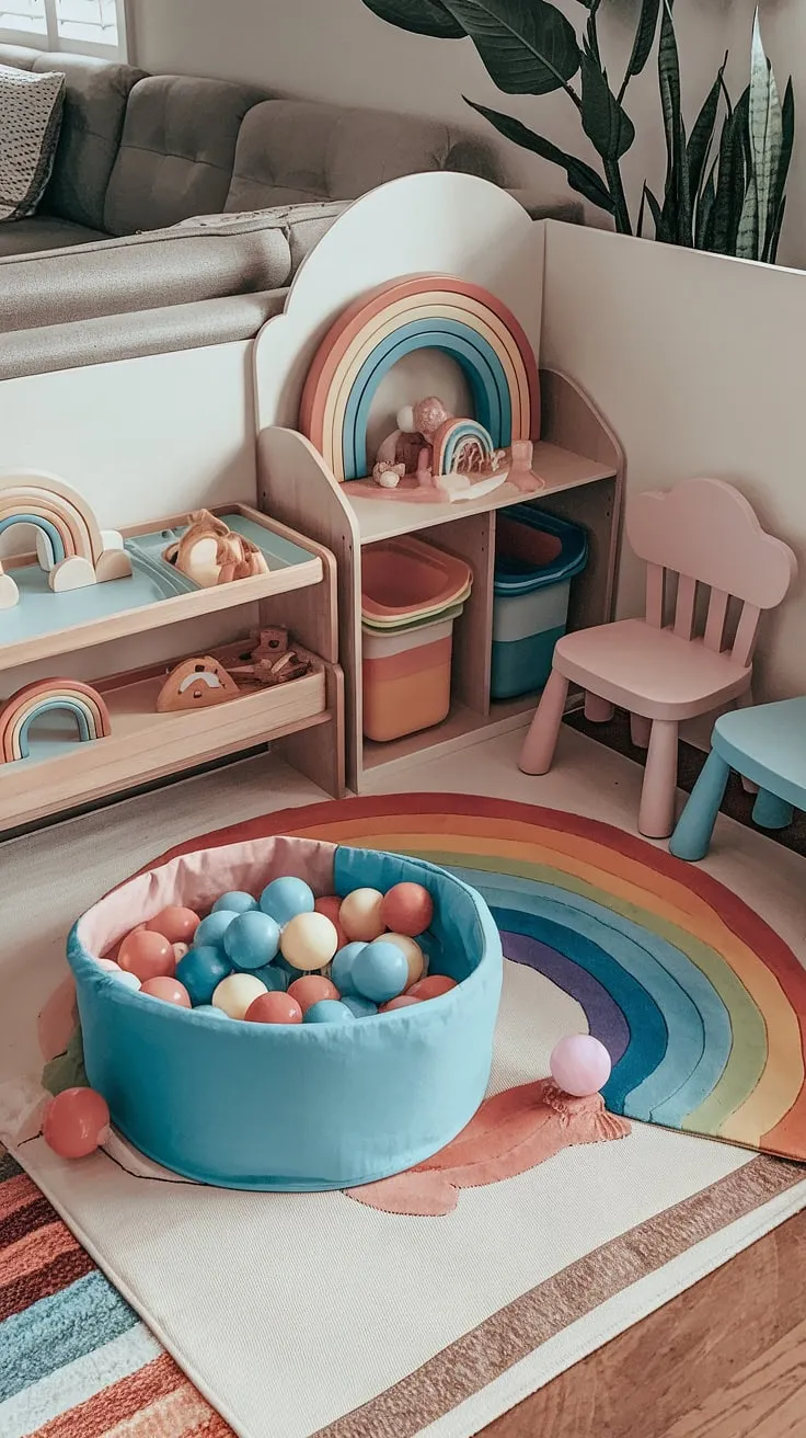 Transforming a living room corner into a vibrant and functional playroom doesn't require a lot of space. This tiny playroom showcases the magic of playroom themes, with a rainbow-inspired playroom setup that's both playful and organized.  The dedicated baby play areas and thoughtful organization playroom strategies make it a perfect kid-friendly living room addition.  Get inspired by these creative playroom ideas!