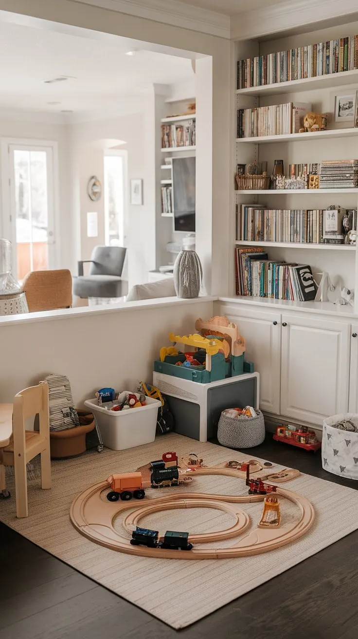 This creative playroom, nestled within a beautifully organized kid friendly living room, proves that even the smallest space can spark big adventures.  The playroom setup, complete with a miniature train and storage bin, showcases smart playroom ideas for a functional and inviting playroom corner in living room.  A perfect example of maximizing space with thoughtful organization playroom strategies for baby play areas.