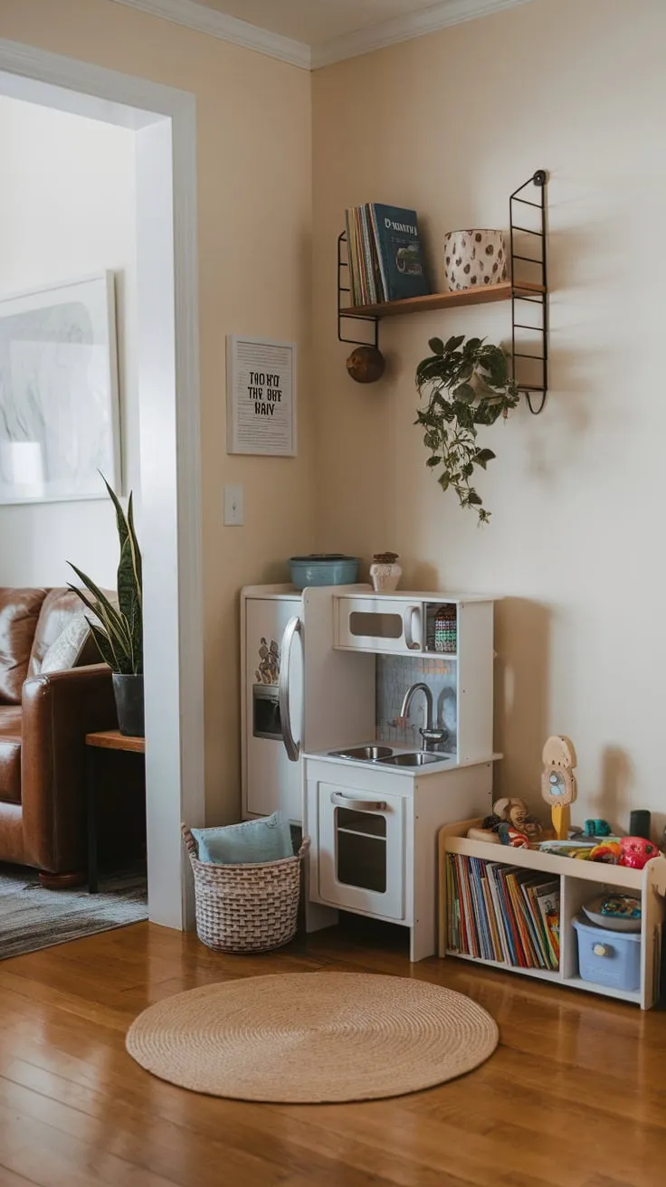 Hardwood floors and a decorative shelf complement a miniature playroom nestled within a living room, showcasing a playful yet sophisticated home design.
