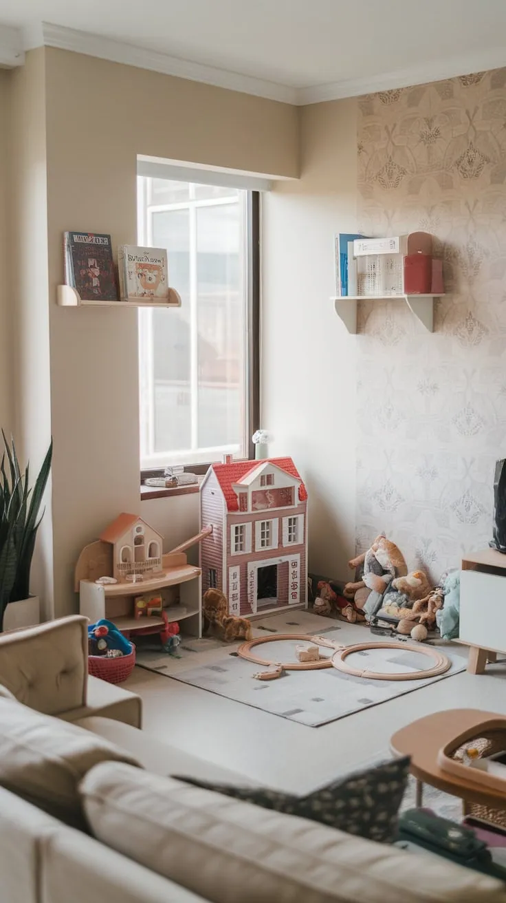 A cozy living room corner transforms into a child's playful haven with toys, books, and a cheerful design