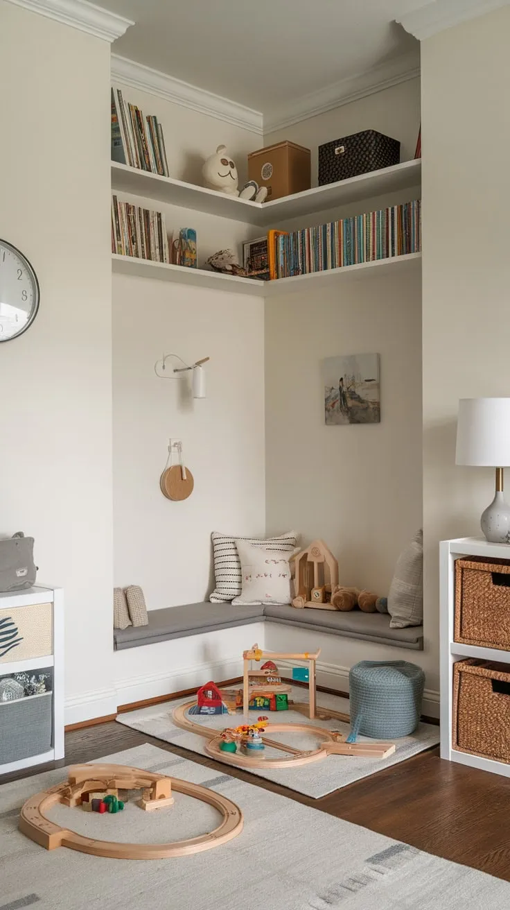 A well-organized playroom corner nestled in the living room offers a dedicated yet integrated space for children's fun, complete with toys and a comfy reading nook.