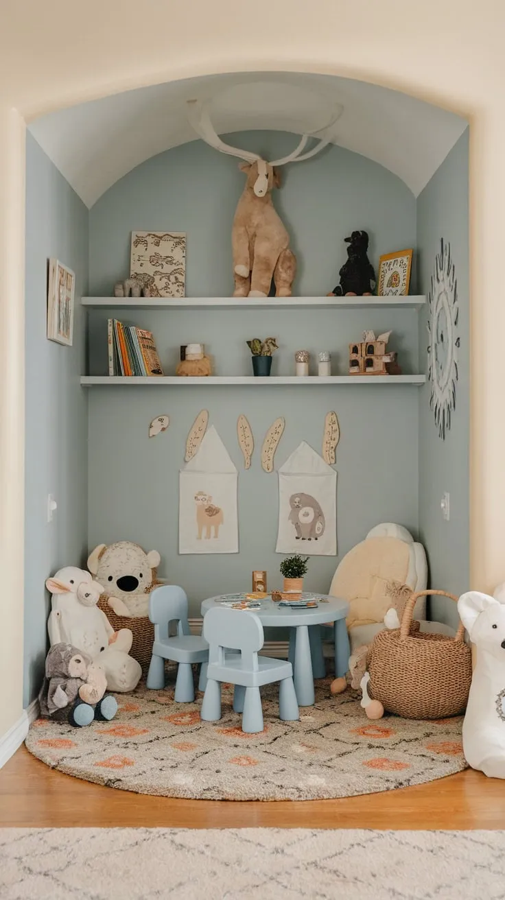 A cozy and organized animal-themed playroom corner nestled in the living room offers a dedicated and charming space for kids to play.