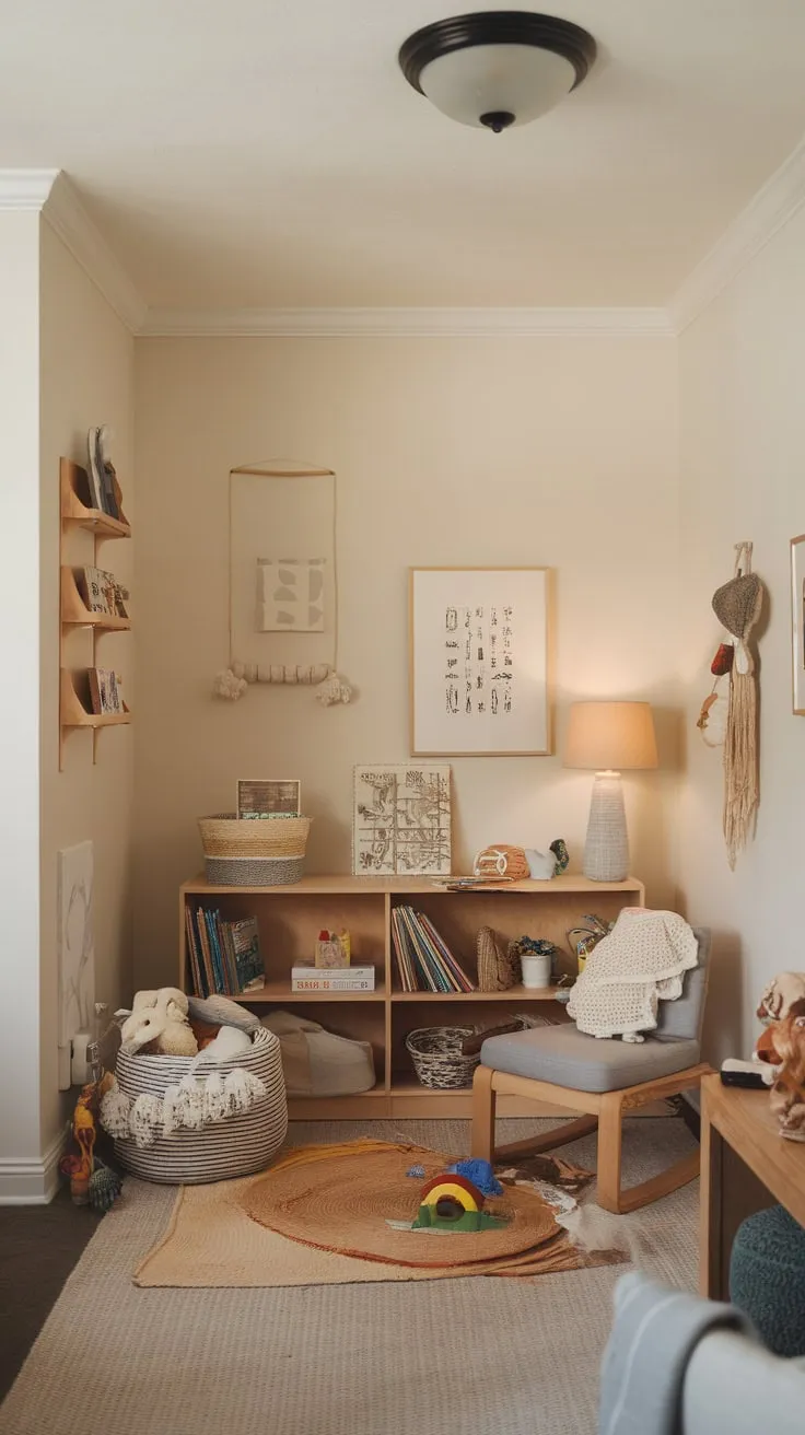 A cozy living room playroom corner offers a child's haven with toys, books, and a calming atmosphere