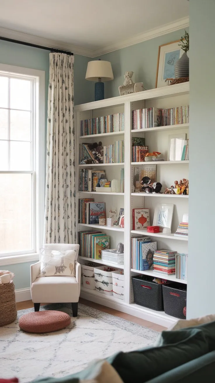 A dedicated play area seamlessly blends into the living room, offering a charming space for children with a bookshelf, rug, and chair nestled against a light blue wall.