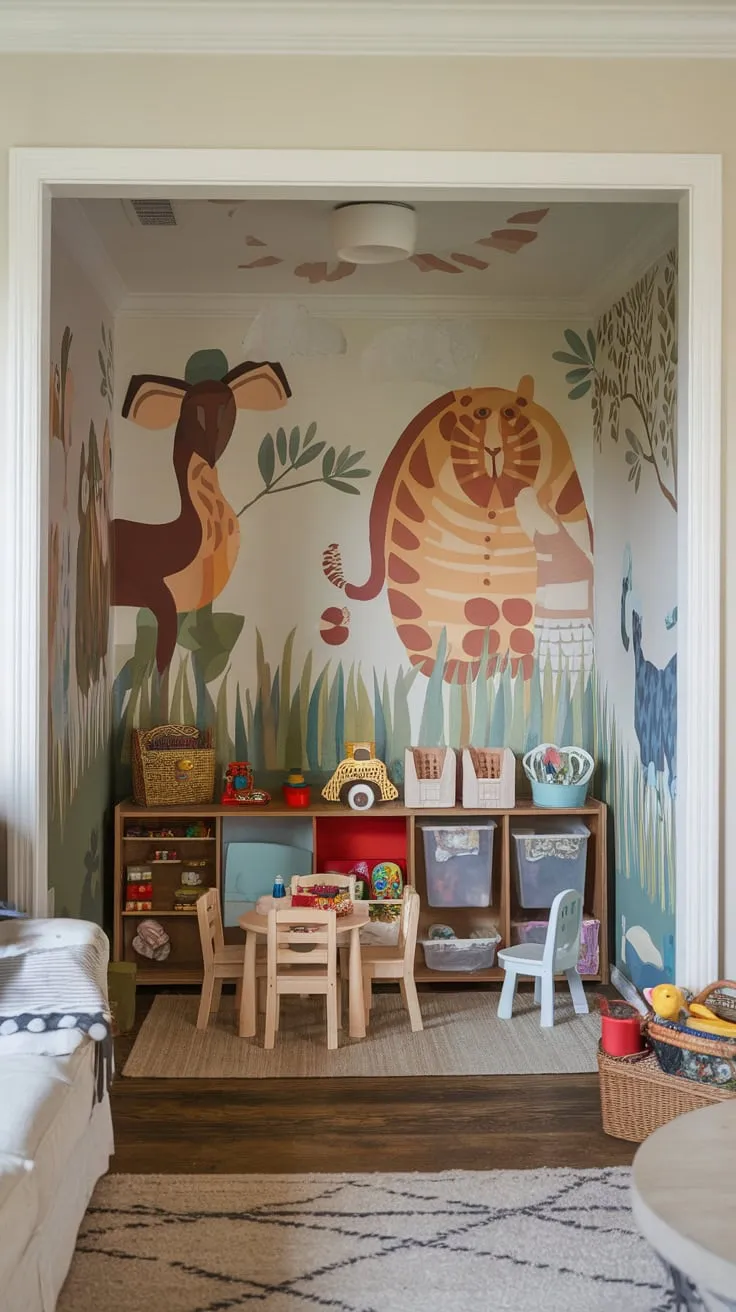 A cozy living room corner transforms into a vibrant, well-organized playroom for kids, complete with a whimsical animal mural and playful furniture.