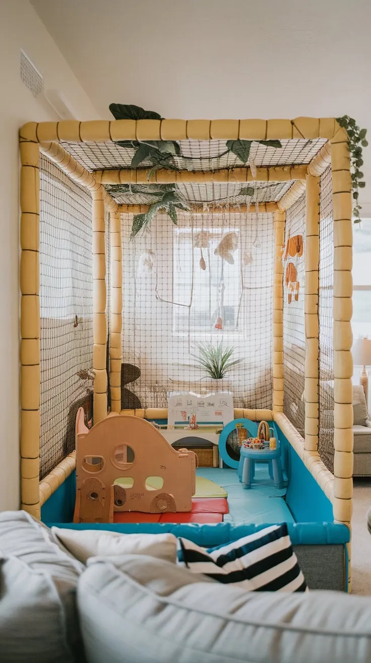 A vibrant living room seamlessly integrates a compact jungle gym play area, offering a playful contrast to the adult seating and natural light streaming from a nearby window.