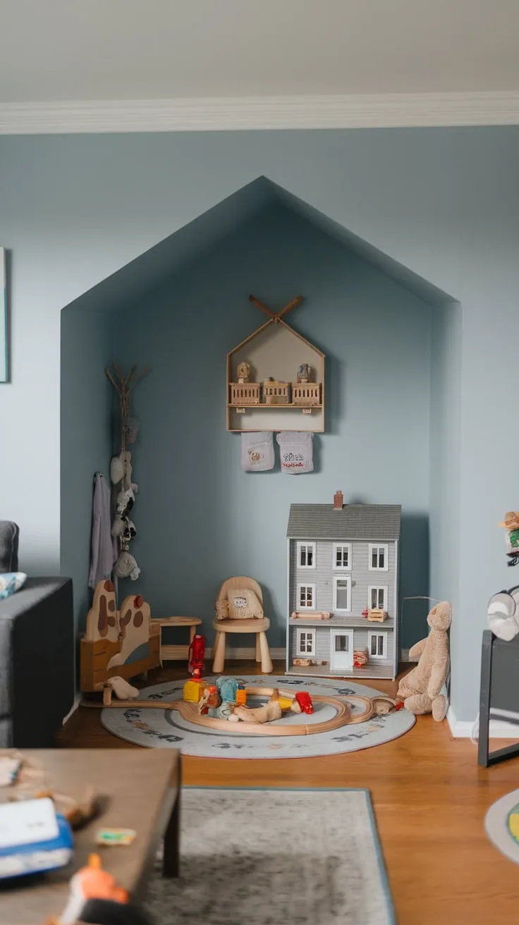 A cozy blue-walled living room corner transforms into a charming child's play space complete with dollhouse, train set, and cuddly friends