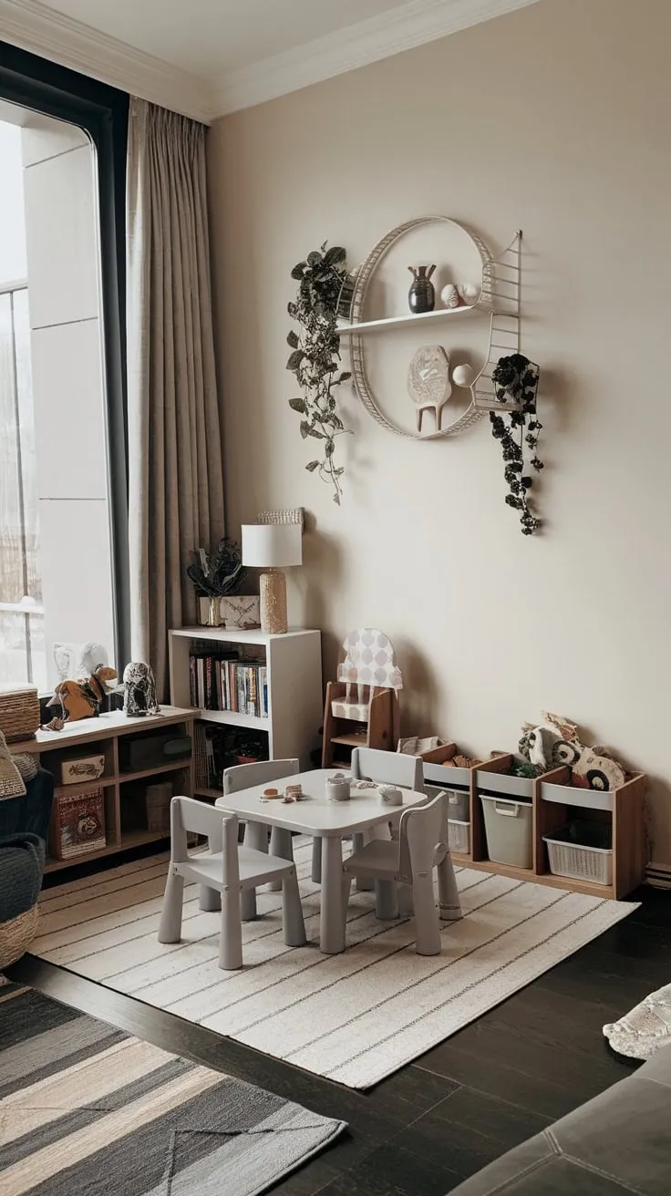 A dedicated play area seamlessly integrates into the living room, complete with a child-sized table, toys, and a bookshelf, creating a functional and inviting space.