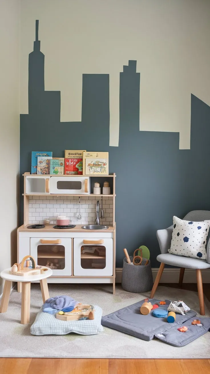 A charming living room corner transforms into a child's haven, complete with play kitchen, books, and a cityscape mural, fostering creativity and imaginative play.