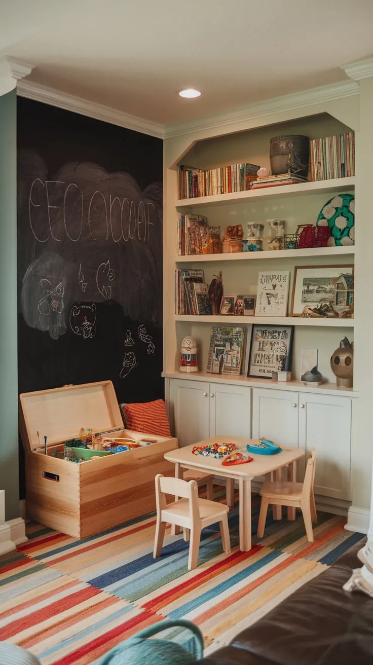 Soft lighting enhances a dedicated play area nestled within the living room, complete with a wooden toy chest, table and chairs, and colorful décor.