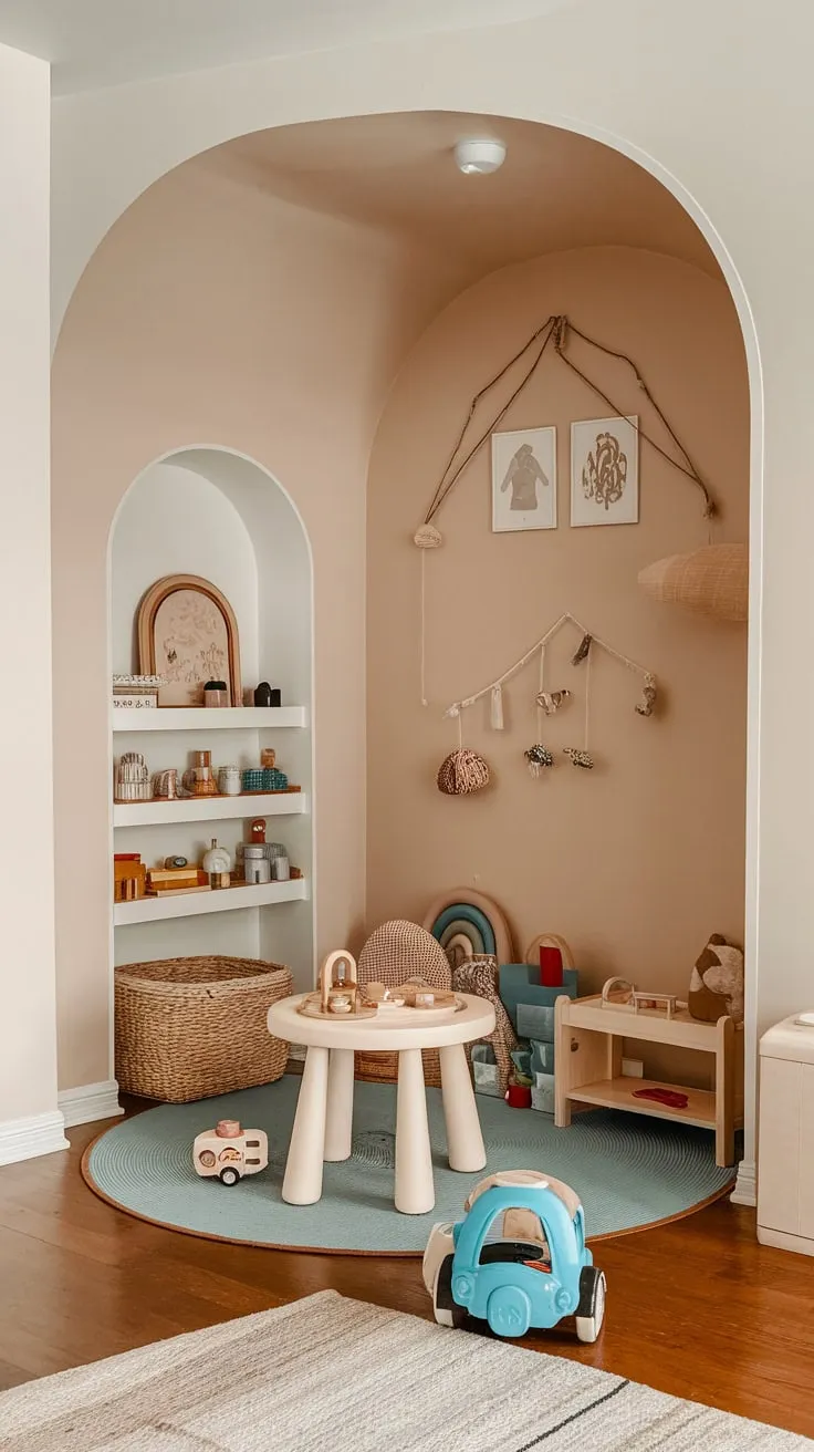 A thoughtfully designed living room corner creates a captivating tiny playroom haven for kids, featuring organized toys and a dedicated baby zone.