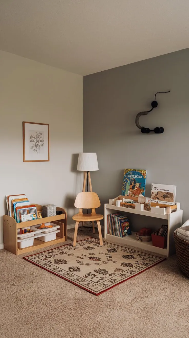 A cozy grey-walled playroom corner nestled in the living room features a small rug, wooden chair, book-filled shelf, and lamp, creating a dedicated play space.