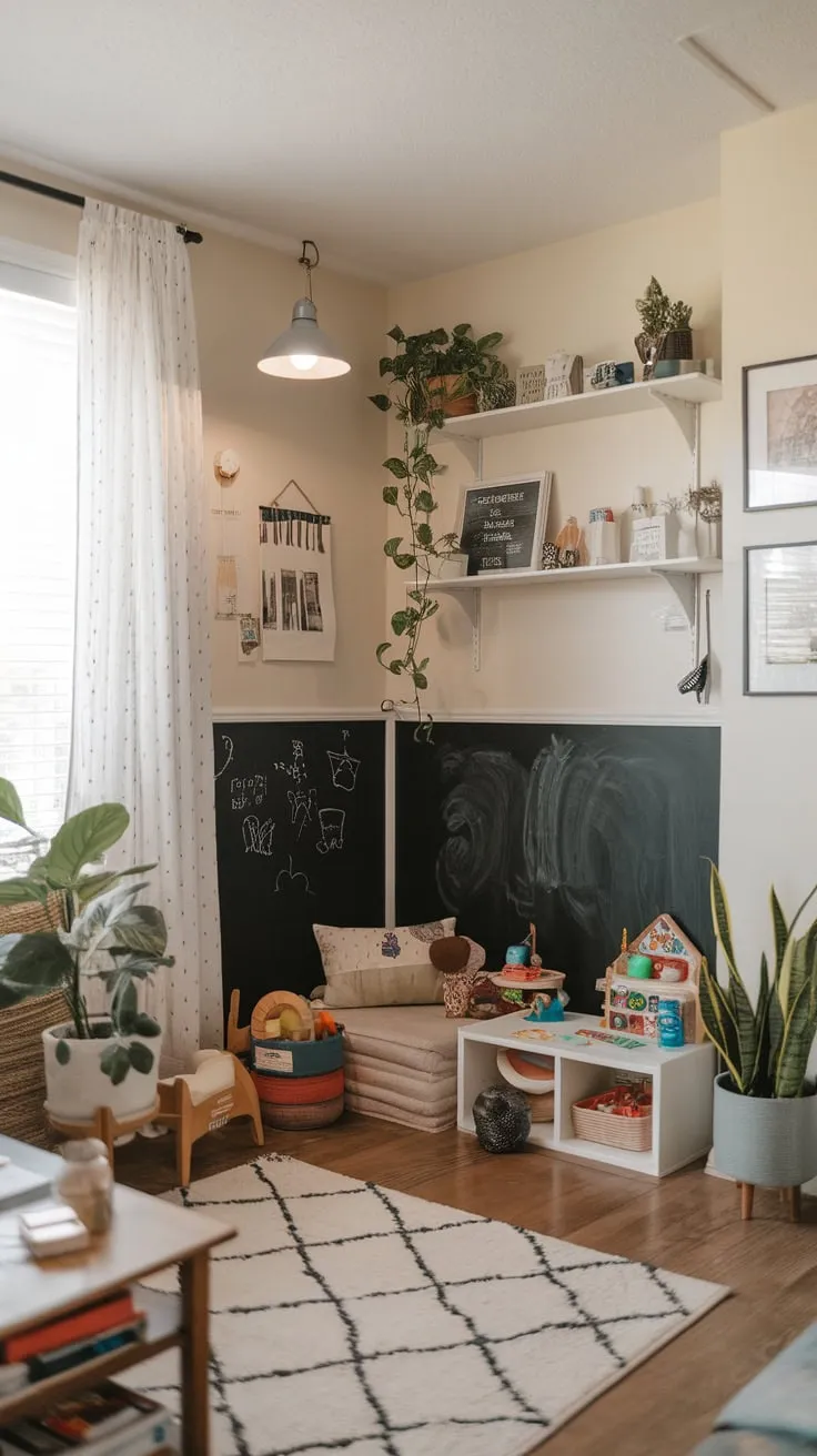 A dedicated playroom corner in a living room features a small seating area, toys, a chalkboard, shelves, and plants, creating a fun and functional space for kids.