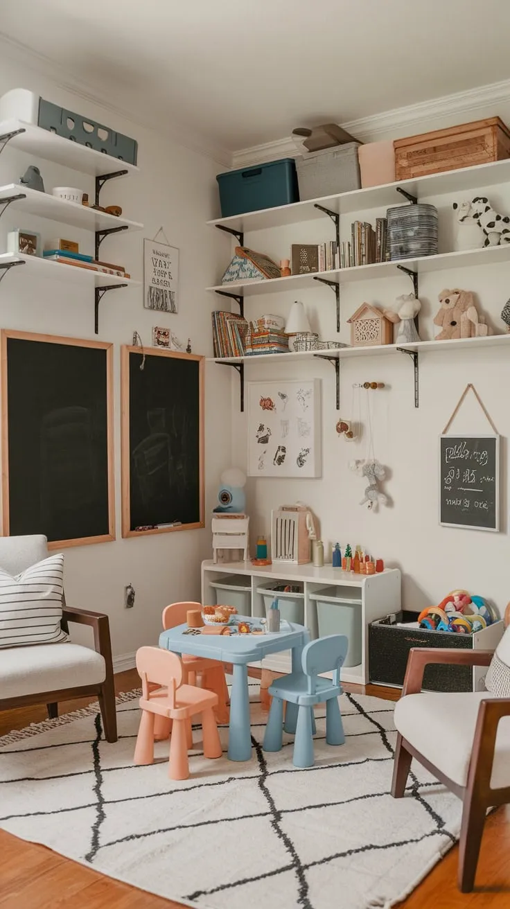 A dedicated living room playroom corner fosters creativity and organization with child-safe toys, blackboards, and comfy seating