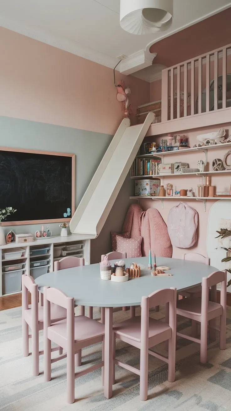 From dining room to playroom, this clever homeschool room design maximizes space and fun!  A chalkboard wall, built-in shelves, and a thrilling loft playroom with slide create a dynamic environment for learning and play.  This small playroom proves that big ideas don't need big spaces—a perfect dining room playroom solution for families who want it all.