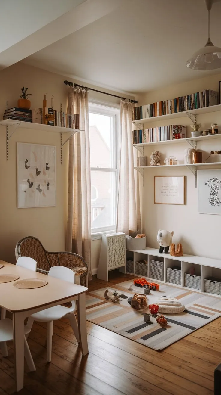 A stylish loft combines a dining area and a children's play area in one room, creating a functional and fun space for family life.