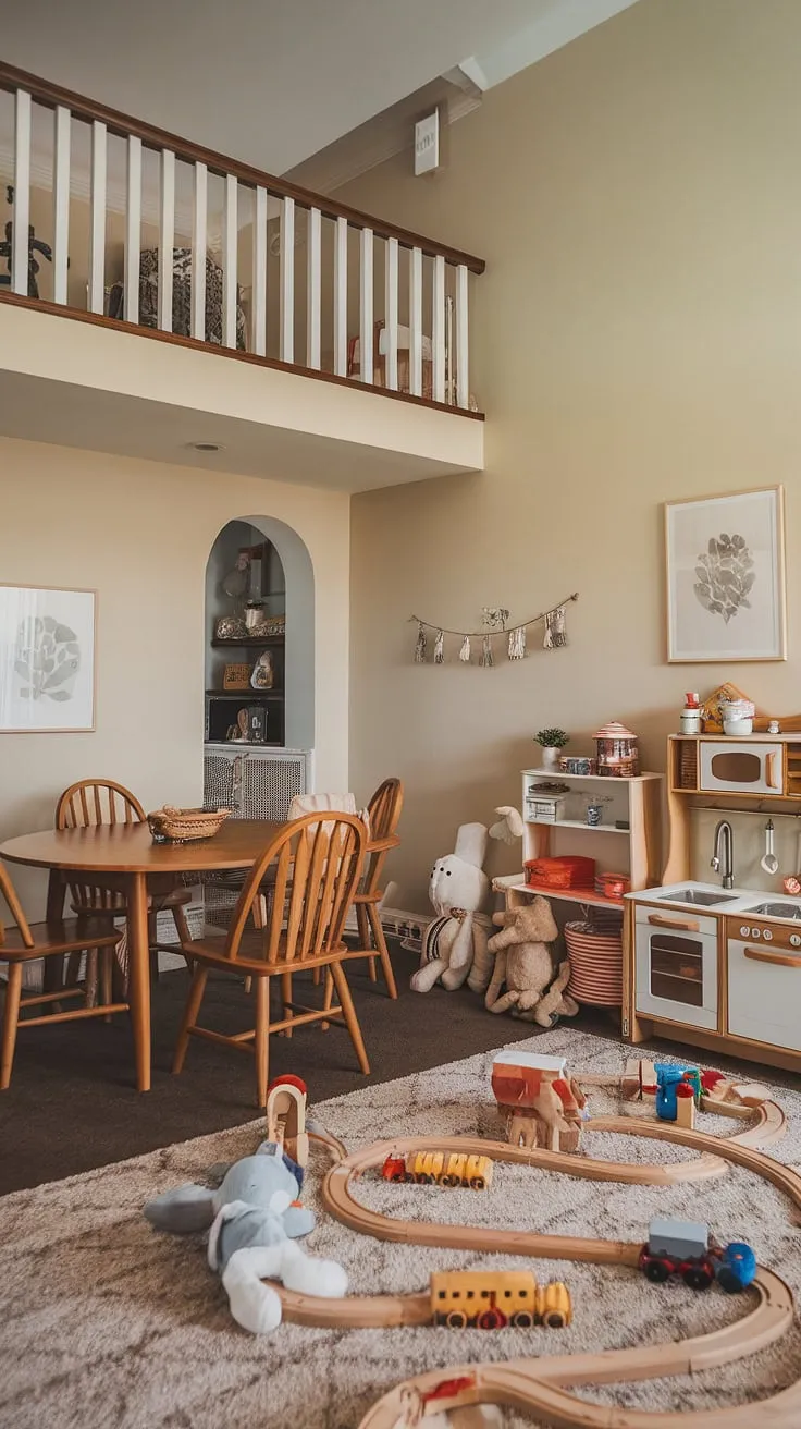 From dining room to playroom, this space effortlessly transitions between meals and imaginative play.  The loft playroom adds a whimsical touch, ideal for a homeschool room design.  This dining room playroom combo is a testament to creative space planning, proving that even a small playroom can be a haven of fun and learning.