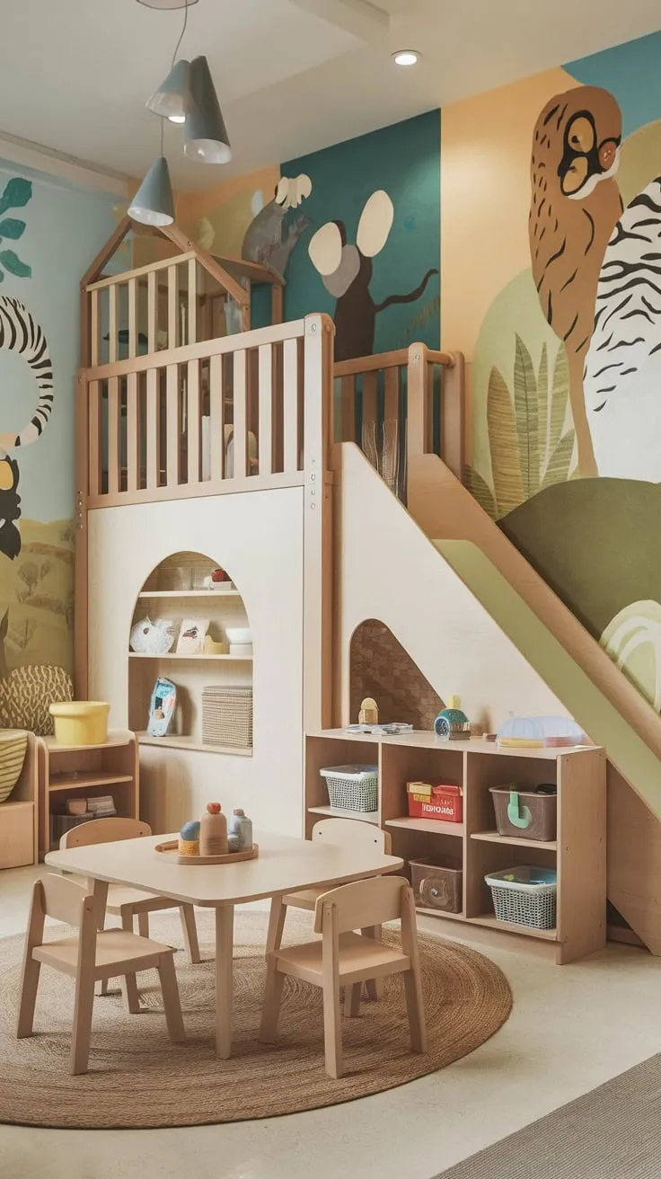 A combined playroom and dining area in a home preschool creates a fun and educational environment with a loft, slide, and animal-themed murals.