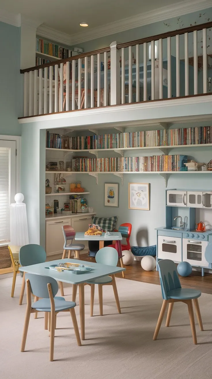 This small playroom, a brilliant dining room to playroom transformation, boasts a loft playroom area perfect for big kids.  The repurposed dining room chairs and tables create cozy reading nooks, while built-in shelves overflow with books, making it an ideal homeschool room design or in-home preschool space. This dining room playroom combo proves that a little imagination can turn any room into a child's haven.
