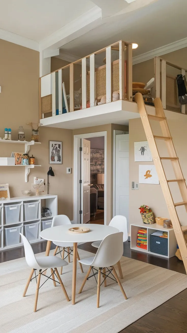 A transformed dining room boasts a kids' loft, white table and chairs, and ample storage, creating a dynamic playroom and dining area combo.