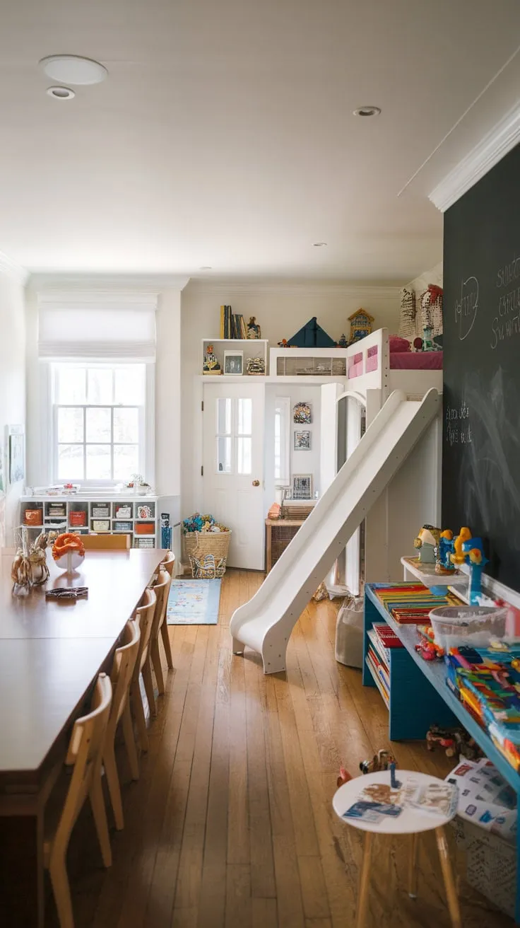 A hardwood-floored room cleverly combines dining and play areas, boasting a long table, loft bed, slide, reading nook, and chalkboard wall.