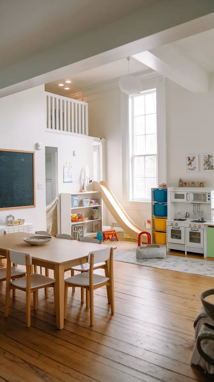 From dining room to playroom, this loft playroom combo is a testament to creative space planning.  The dining room turned playroom effortlessly accommodates both family meals and imaginative play, with a dedicated play kitchen, bookshelves, and a chalkboard wall fostering learning and fun. This homeschool room design is a perfect example of how a dining room playroom can be both functional and inspiring, even in a small playroom setting.