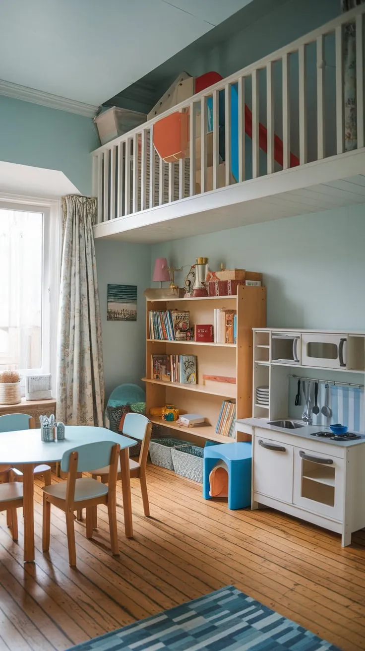 A light blue playroom loft with slide, dining table, and play kitchen offers big kids a fun and functional space