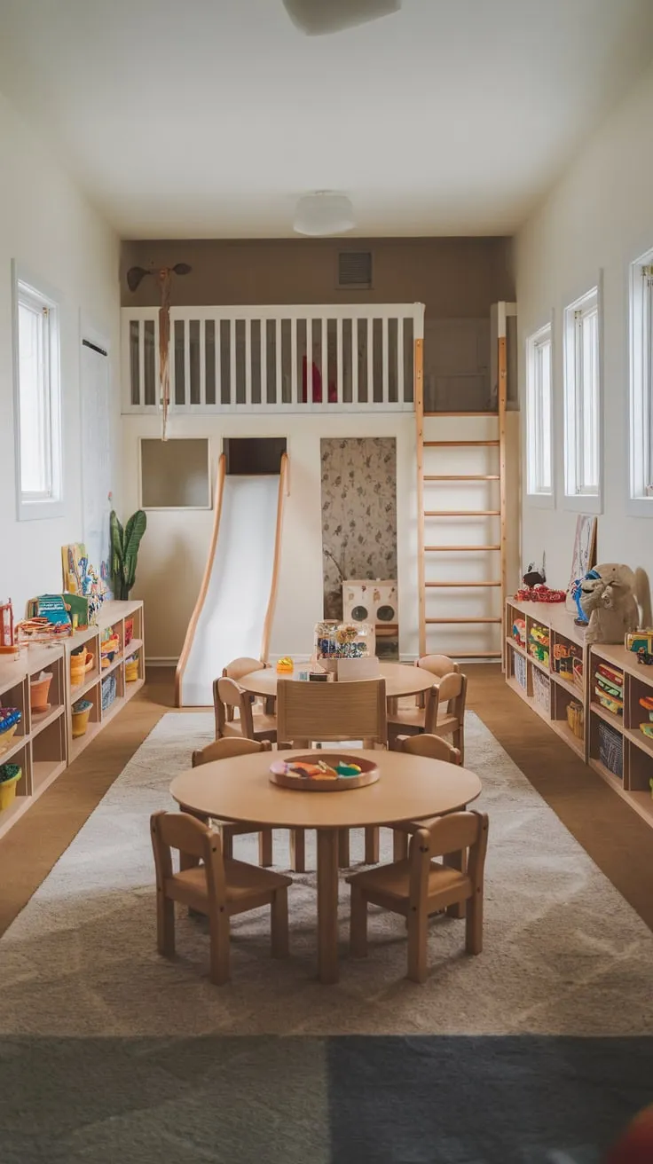 A versatile playroom-dining room boasts a central wooden table, wall shelves brimming with toys and books, a lofted play area with slide and ladder, and soft rug underfoot, all bathed in natural light from side windows.